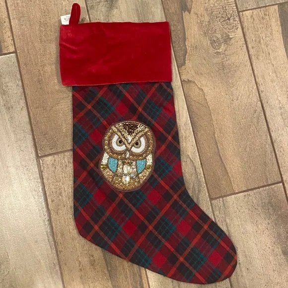 Embellished Jeweled Owl Plaid Christmas Stocking - Pottery Barn - Picture 3 of 6